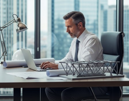 A professional, middle-aged structural engineer with a beard and dark hair is deeply focused on his laptop, seated at a large wooden desk in a modern office. He wears a white shirt and a dark tie. On the desk are rolled-up blueprints, a white hard hat, and a detailed metal structural model. The background features large windows looking out onto a cityscape with tall buildings.