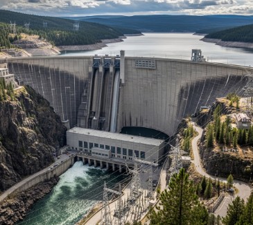 An aerial view of a massive hydroelectric dam. A large concrete wall spans a wide canyon, holding back a huge lake. At the base of the dam, a power station is visible, with water churning below. Steep, forested hillsides surround the dam and the water