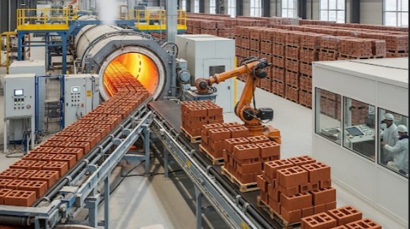 The image shows a modern, automated brick production facility. A conveyor belt on the left is carrying unfired bricks towards a large, glowing hot tunnel kiln. Another conveyor belt on the right is moving fired bricks away from the kiln, where a robotic arm is precisely stacking them onto wooden pallets. In the background, there are large stacks of finished bricks ready for storage or transport. In the foreground, there is raw material (likely clay) being processed. Two workers in white protective suits are visible in a control room on the right, observing the process