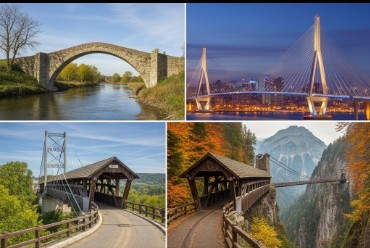 The image is a grid of four photos, each showing a different type of bridge. The top-left photo is a stone arch bridge over a river. The top-right shows a modern cable-stayed bridge lit up at night with a city skyline in the background. The bottom-left features a wooden covered bridge with a suspension-style support system. The bottom-right photo is another covered wooden bridge, this one built into a rugged, mountainous landscape during autumn