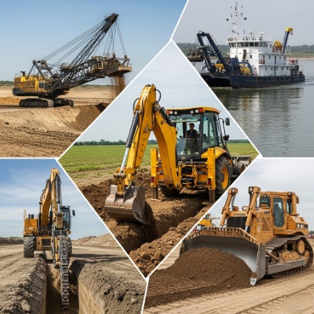 A collage showing the different types of key excavating plants, including a backhoe, a dragline, a dredger, a trencher, and a bulldozer, all performing their specific tasks.
