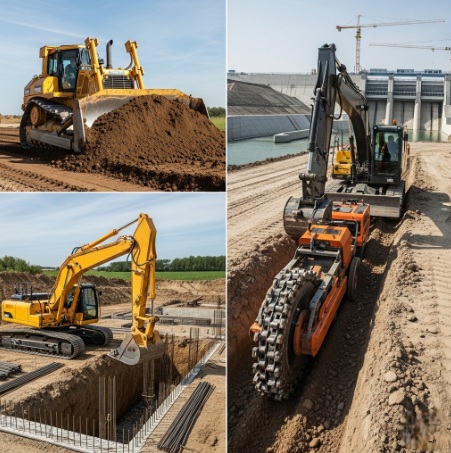  An image showing various excavating plants in action, illustrating the role of excavating plants in different civil projects.
