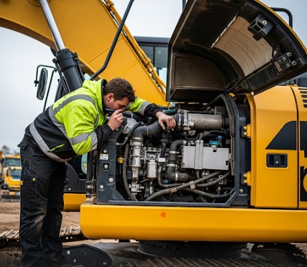 An image showing a technician performing maintenance on a large excavating plant.