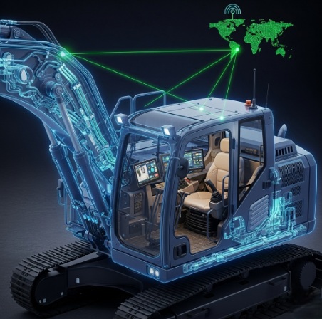  An illustration of a modern excavator, showcasing the technology behind modern excavation plants, including its hydraulic system and GPS guidance.
