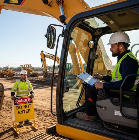 An image showing an operator and a ground worker following essential safety protocols for operating excavating plants.