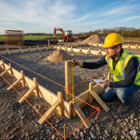 A civil engineer using ropes and profile boards for setting out small buildings on a construction site