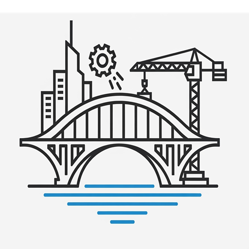 The image is a minimalist, line-art icon representing civil engineering. It features a stylized bridge arching over a body of water, with a silhouette of a building on one side and a construction crane on the other. A gear is subtly integrated into the design. The lines are crisp and of uniform thickness, and the color palette includes blue for the water and dark gray for the structures.